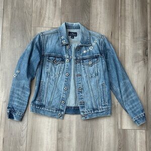Lucky Brand Light Blue Denim Jacket with White Floral Embroidery